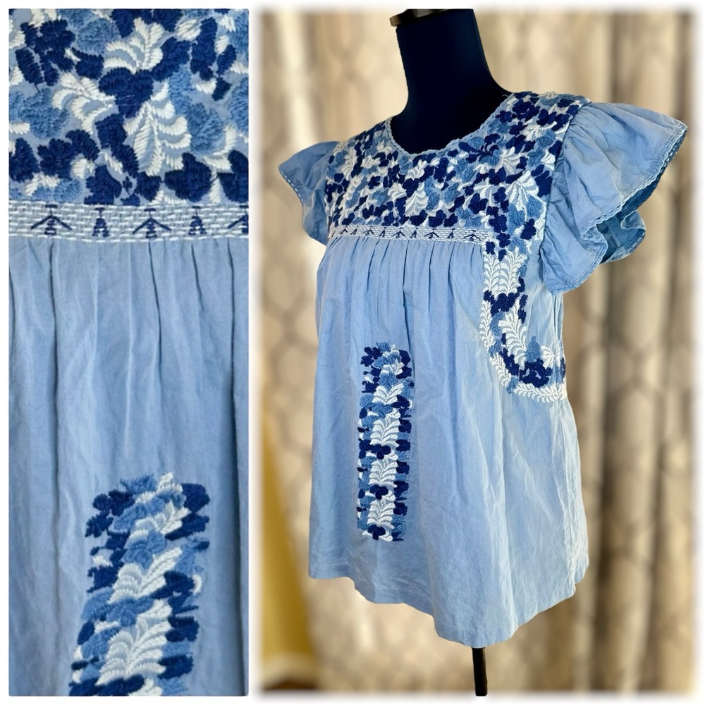 EUC J. Marie Blue Floral Embroidered Flutter Sleeve Peasant Top